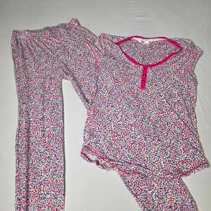 No Boundaries Pajama Set Women's M 7-9 Pink Blue Leopard Print Henley 2pc Outfit